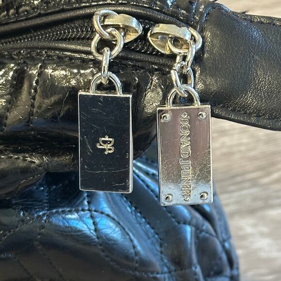 Donald Pliner Black Quilted Patent Leather Large Shoulder Tote Bag Preppy Classy - Picture 5 of 11